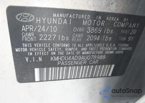 2010 Hyundai Elantra Gls from USA, damaged, VIN KMHDU4AD9AU078989